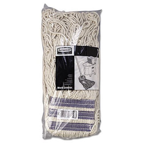 Rubbermaid Commercial Universal Headband Mop Head, Cotton, White, 32oz, 1" Blue Band, 12/Carton (E139)
