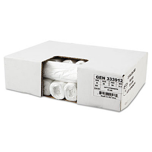 General Supply High-Density Can Liners, 33 gal, 9 mic, 33" x 39", Natural, Perforated Roll, 25 Bags/Roll, 20 Rolls/Carton (333912)