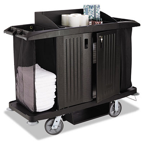 Rubbermaid Commercial Housekeeping Cart, Plastic, 3 Shelves, 2 Bins, 22" x 60" x 50", Black (FG618900BLA)
