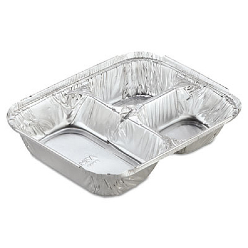 HFA Aluminum Oblong Container with Lid, 3 Compartments, 24 oz, 8.5 x 6.38 x 1.47, Silver, 250/Carton (204535250W)