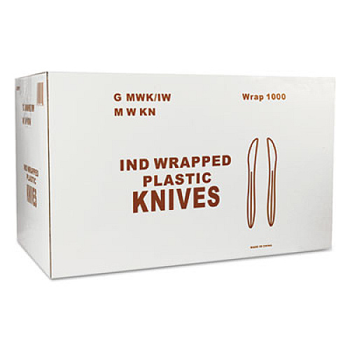 GEN Wrapped Cutlery, 6.25" Knife, Mediumweight, Polypropylene, White, 1,000/Carton (GENMWKIW)