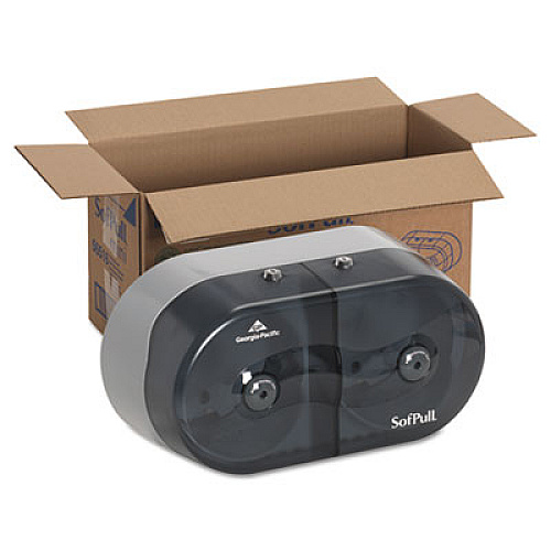 Georgia Pacific Professional SofPull Mini Center-Pull Twin-Roll Bath Tissue Dispenser, 16.38 x 7.2 x 9.3, Smoke (56516)