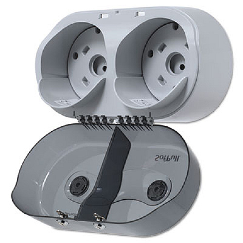 Georgia Pacific Professional SofPull Mini Center-Pull Twin-Roll Bath Tissue Dispenser, 16.38 x 7.2 x 9.3, Smoke (56516)