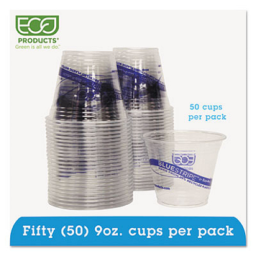 Eco-Products BlueStripe 25% Recycled Content Cold Cups Convenience Pack, 9 oz, Clear/Blue, 50/Pack (EPCR9PK)