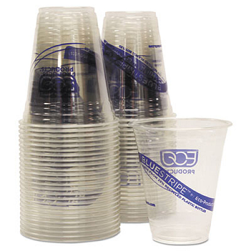 Eco-Products BlueStripe 25% Recycled Content Cold Cups Convenience Pack, 12 oz, Clear/Blue, 50/Pack (EPCR12PK)