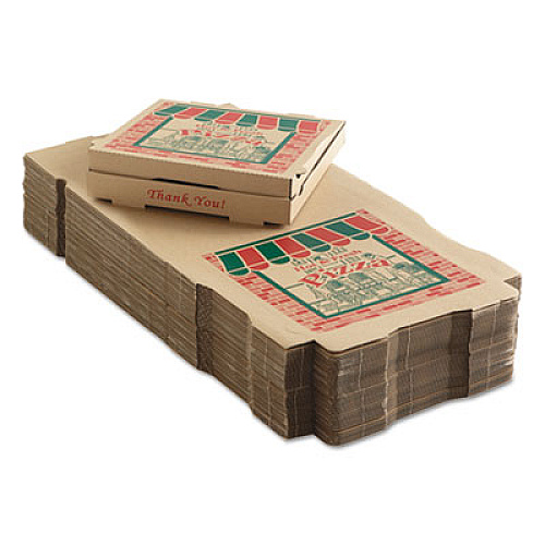 ARVCO Corrugated Pizza Boxes, Storefront, 14 x 14 x 1.75, Brown/Red/Green, 50/Carton (9144314)