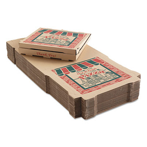 ARVCO Corrugated Pizza Boxes, Storefront, 18 x 18, Brown/Red/Green, 50/Carton (9184314)