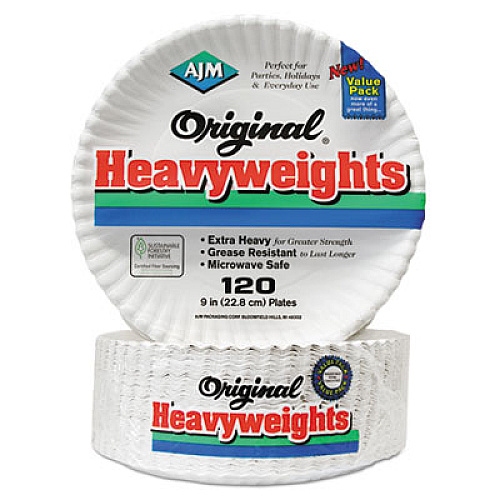 AJM Packaging Corporation Original Heavyweights Paper Plates, 9" dia, White, 120/Pack, 8 Packs/Carton (OH9AJBXWH)