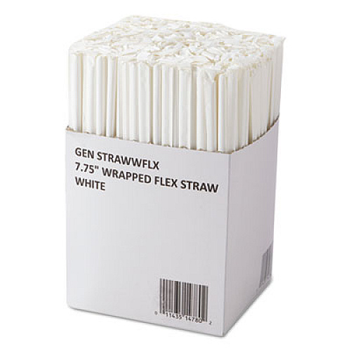 GEN Wrapped Flex Straws, 7 3/4", Polypropylene, White, 10,000 Straws/carton (GENSTRAWWFLX)