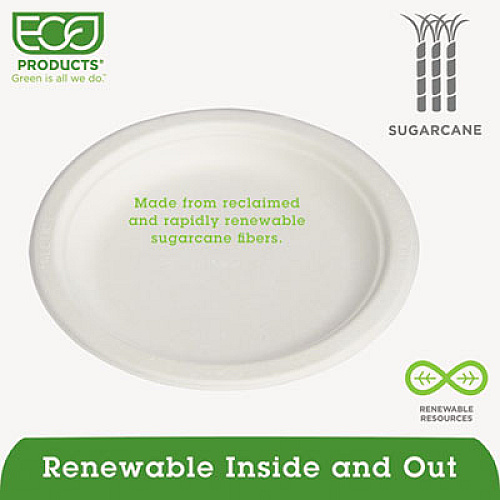 Eco-Products Renewable and Compostable Sugarcane Plates Convenience Pack, 6" dia, Natural White, 50/Pack (EPP016PK)