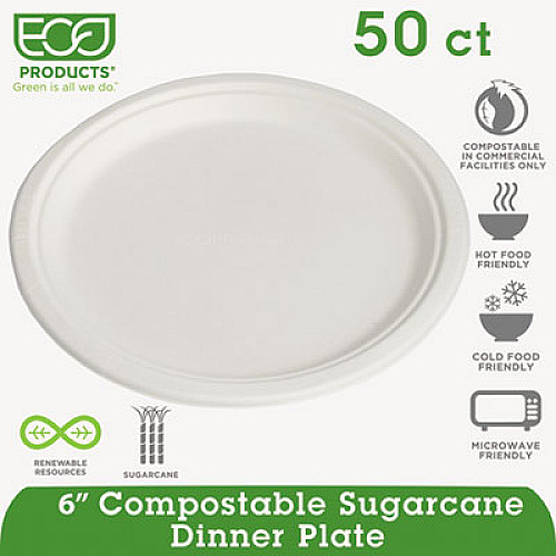 Eco-Products Renewable and Compostable Sugarcane Plates Convenience Pack, 6" dia, Natural White, 50/Pack (EPP016PK)