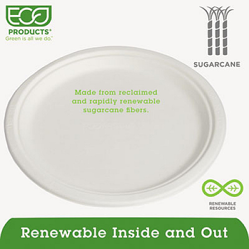 Eco-Products Renewable and Compostable Sugarcane Plates, 10" dia, Natural White, 500/Carton (EPP005)