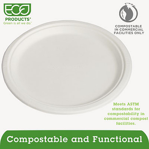 Eco-Products Renewable and Compostable Sugarcane Plates, 10" dia, Natural White, 500/Carton (EPP005)