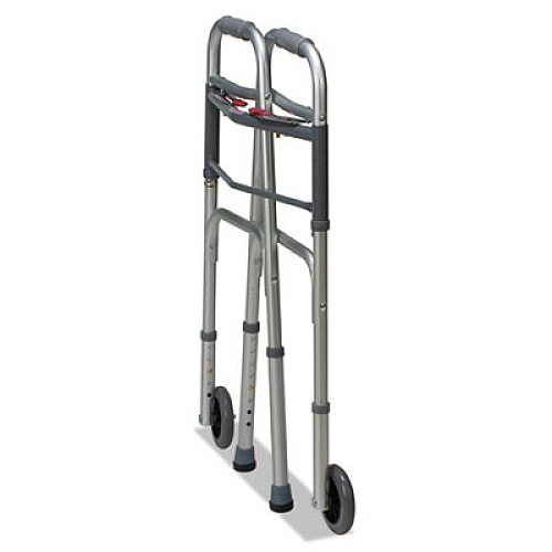 DMI Two-Button Release Folding Walker with Wheels, Adjusts 32" to 38", 250 lb Capacity, Silver/Gray (80210450600)