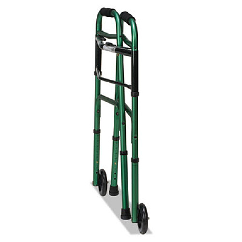 DMI Two-Button Release Folding Walker with Wheels, Adjusts 32" to 38", 250 lb Capacity, Green/Green Ice (80210451200)