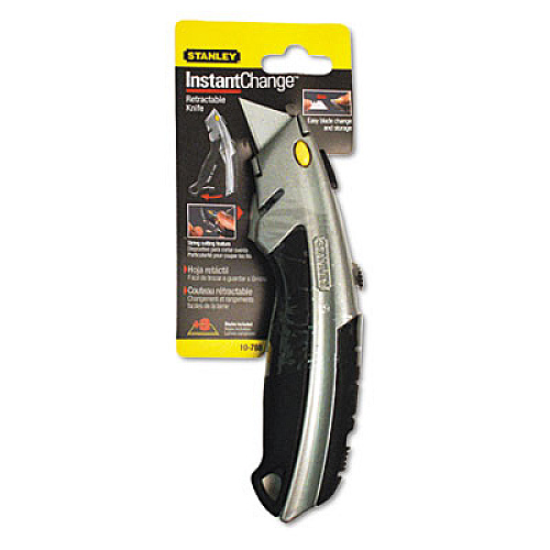Stanley Curved Quick-Change Utility Knife, Stainless Steel Retractable Blade, 3 Blades, 6.63" Metal Handle, Black/Chrome (10788)