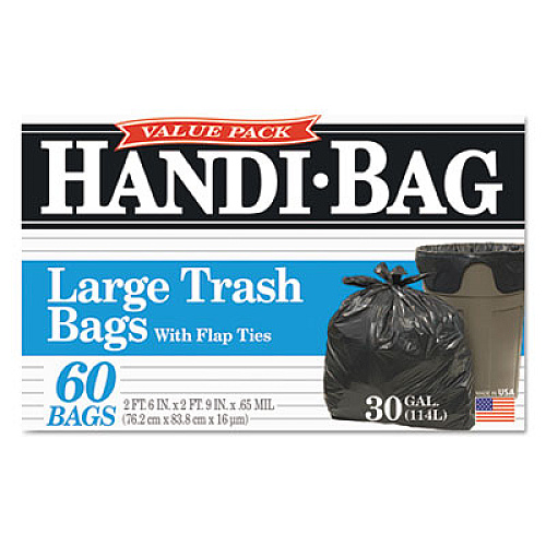 Handi-Bag Super Value Pack Can Liners, 30 gal, 0.65 mil, 30" x 33", Black, 60/Box (HAB6FT60)