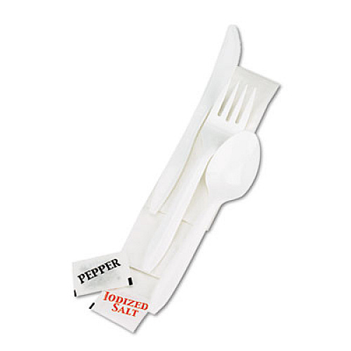 Boardwalk Cutlery Kit, Plastic Fork/Spoon/Knife/Salt/Polypropylene/Napkin, White, 250/Carton (BWK6KITMW)