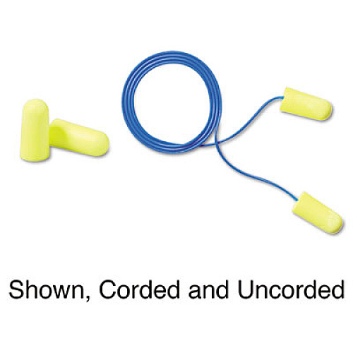 3M E-A-Rsoft Yellow Neon Soft Foam Earplugs, Corded, Regular Size, 200 Pairs/Box (3111250)