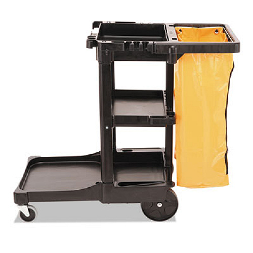 Rubbermaid Commercial Multi-Shelf Cleaning Cart, Plastic, 4 Shelves, 1 Bin, 20" x 45" x 38.25", Black (617388BK)