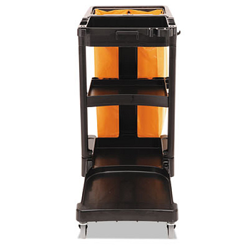 Rubbermaid Commercial Multi-Shelf Cleaning Cart, Plastic, 4 Shelves, 1 Bin, 20" x 45" x 38.25", Black (617388BK)