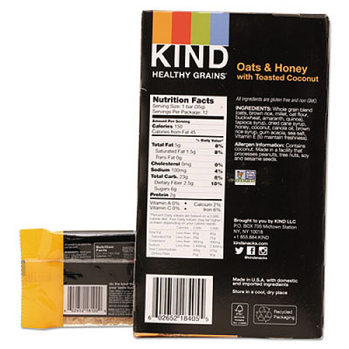 KIND Healthy Grains Bar, Oats and Honey with Toasted Coconut, 1.2 oz, 12/Box (18080)