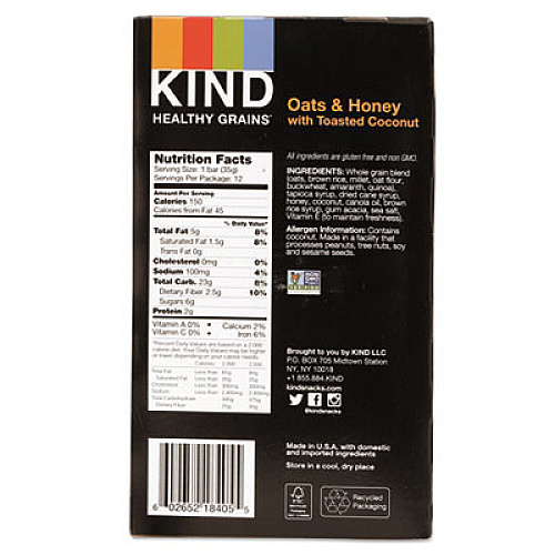 KIND Healthy Grains Bar, Oats and Honey with Toasted Coconut, 1.2 oz, 12/Box (18080)