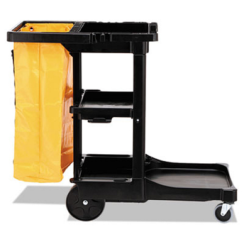 Rubbermaid Commercial Multi-Shelf Cleaning Cart, Plastic, 4 Shelves, 1 Bin, 20" x 45" x 38.25", Black (617388BK)