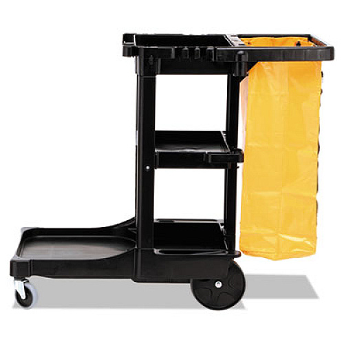 Rubbermaid Commercial Multi-Shelf Cleaning Cart, Plastic, 4 Shelves, 1 Bin, 20" x 45" x 38.25", Black (617388BK)