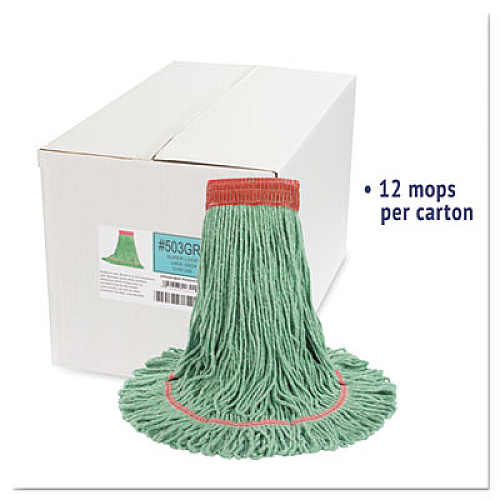 Boardwalk Super Loop Wet Mop Head, Cotton/Synthetic Fiber, 5" Headband, Large Size, Green, 12/Carton (503GNCT)