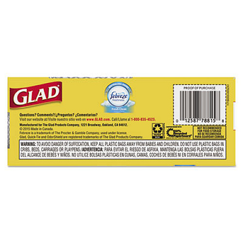 Glad OdorShield Medium Quick-Tie Trash Bags, 8 gal, 0.57 mil, 21.63" x 23", White, 156/Carton (78815CT)