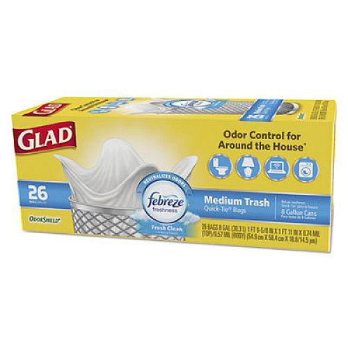 Glad OdorShield Medium Quick-Tie Trash Bags, 8 gal, 0.57 mil, 21.63" x 23", White, 156/Carton (78815CT)