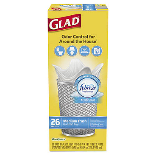 Glad OdorShield Medium Quick-Tie Trash Bags, 8 gal, 0.57 mil, 21.63" x 23", White, 156/Carton (78815CT)