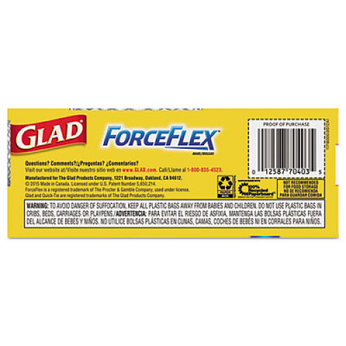 Glad ForceFlex Medium Quick-Tie Trash Bags, 0.69 mil, 8 gal, White, 26/Box (70403BX)