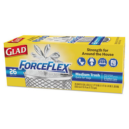 Glad ForceFlex Medium Quick-Tie Trash Bags, 0.69 mil, 8 gal, White, 26/Box (70403BX)