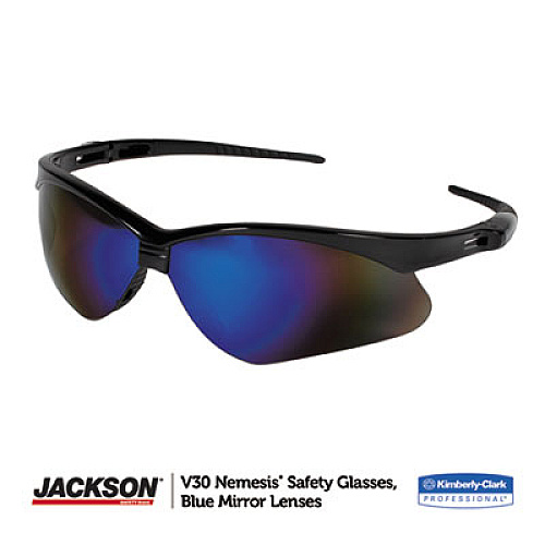 KleenGuard Nemesis Safety Glasses, Black Half Frame, Mirrored Blue Dual Lens (14481)