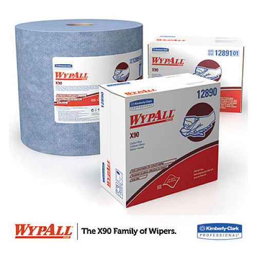 WypAll X90 Cloths, POP-UP Box, 2-Ply, 8.3 x 16.8, Denim Blue, 68/Box, 5 Boxes/Carton (12890)