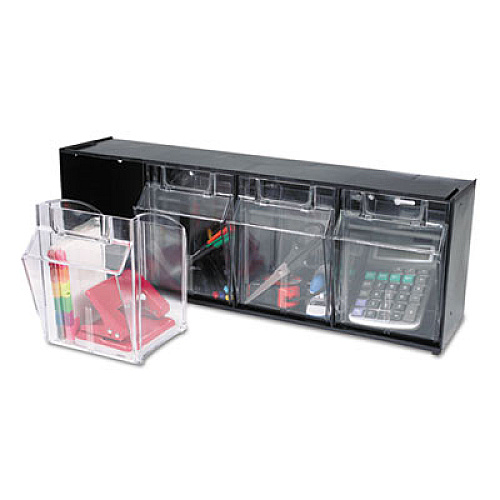 deflecto Tilt Bin Interlocking Multi-Bin Storage Organizer, 4 Sections, 23.63" x 6.63" x 8.13", Black/Clear (20404OP)