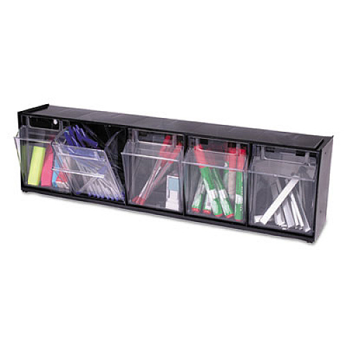 deflecto Tilt Bin Interlocking Multi-Bin Storage Organizer, 5 Sections, 23.63" x 5.25" x 6.5", Black/Clear (20504OP)