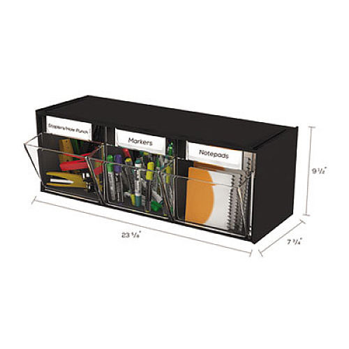 deflecto Tilt Bin Interlocking Multi-Bin Storage Organizer, 3 Sections, 23.63" x 7.75" x 9.5", Black/Clear (20304OP)