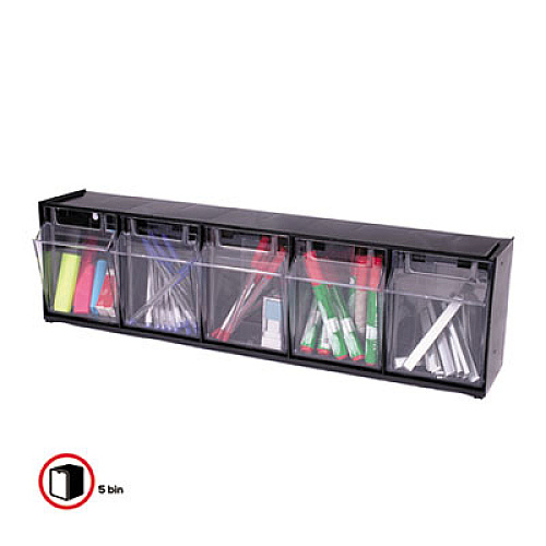 deflecto Tilt Bin Interlocking Multi-Bin Storage Organizer, 5 Sections, 23.63" x 5.25" x 6.5", Black/Clear (20504OP)
