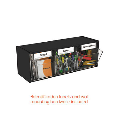 deflecto Tilt Bin Interlocking Multi-Bin Storage Organizer, 3 Sections, 23.63" x 7.75" x 9.5", Black/Clear (20304OP)