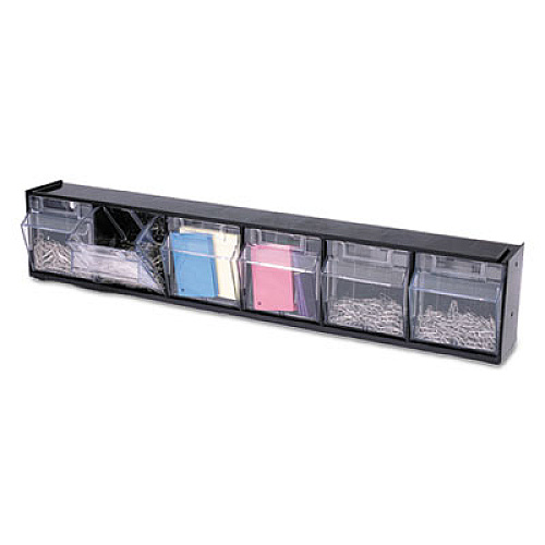 deflecto Tilt Bin Interlocking Multi-Bin Storage Organizer, 6 Sections, 23.63" x 3.63" x 4.5", Black/Clear (20604OP)