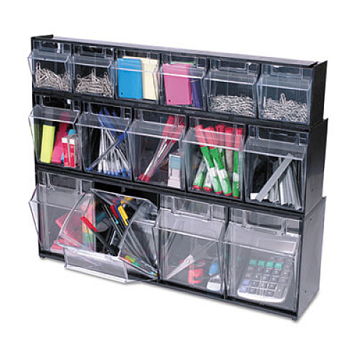 deflecto Tilt Bin Interlocking Multi-Bin Storage Organizer, 4 Sections, 23.63" x 6.63" x 8.13", Black/Clear (20404OP)