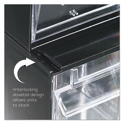 deflecto Tilt Bin Interlocking Multi-Bin Storage Organizer, 4 Sections, 23.63" x 6.63" x 8.13", Black/Clear (20404OP)