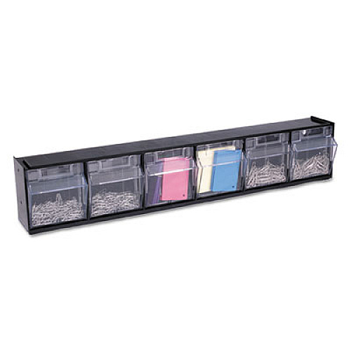 deflecto Tilt Bin Interlocking Multi-Bin Storage Organizer, 6 Sections, 23.63" x 3.63" x 4.5", Black/Clear (20604OP)