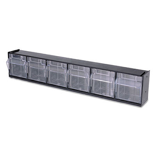 deflecto Tilt Bin Interlocking Multi-Bin Storage Organizer, 6 Sections, 23.63" x 3.63" x 4.5", Black/Clear (20604OP)