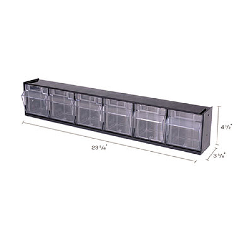 deflecto Tilt Bin Interlocking Multi-Bin Storage Organizer, 6 Sections, 23.63" x 3.63" x 4.5", Black/Clear (20604OP)