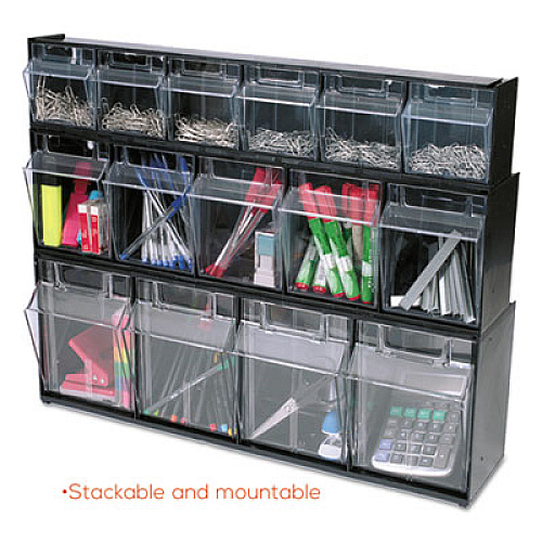 deflecto Tilt Bin Interlocking Multi-Bin Storage Organizer, 4 Sections, 23.63" x 6.63" x 8.13", Black/Clear (20404OP)