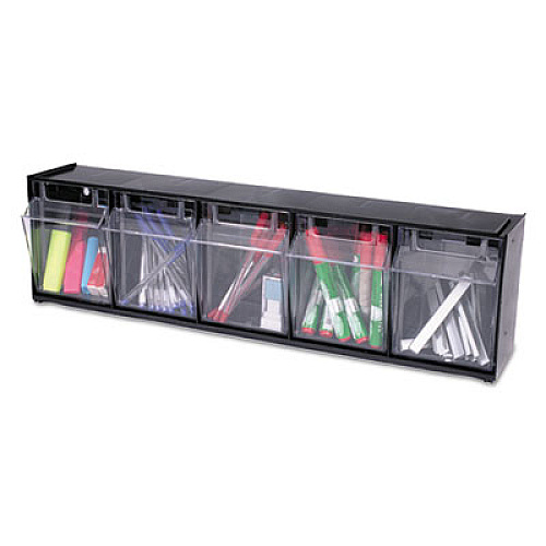 deflecto Tilt Bin Interlocking Multi-Bin Storage Organizer, 5 Sections, 23.63" x 5.25" x 6.5", Black/Clear (20504OP)